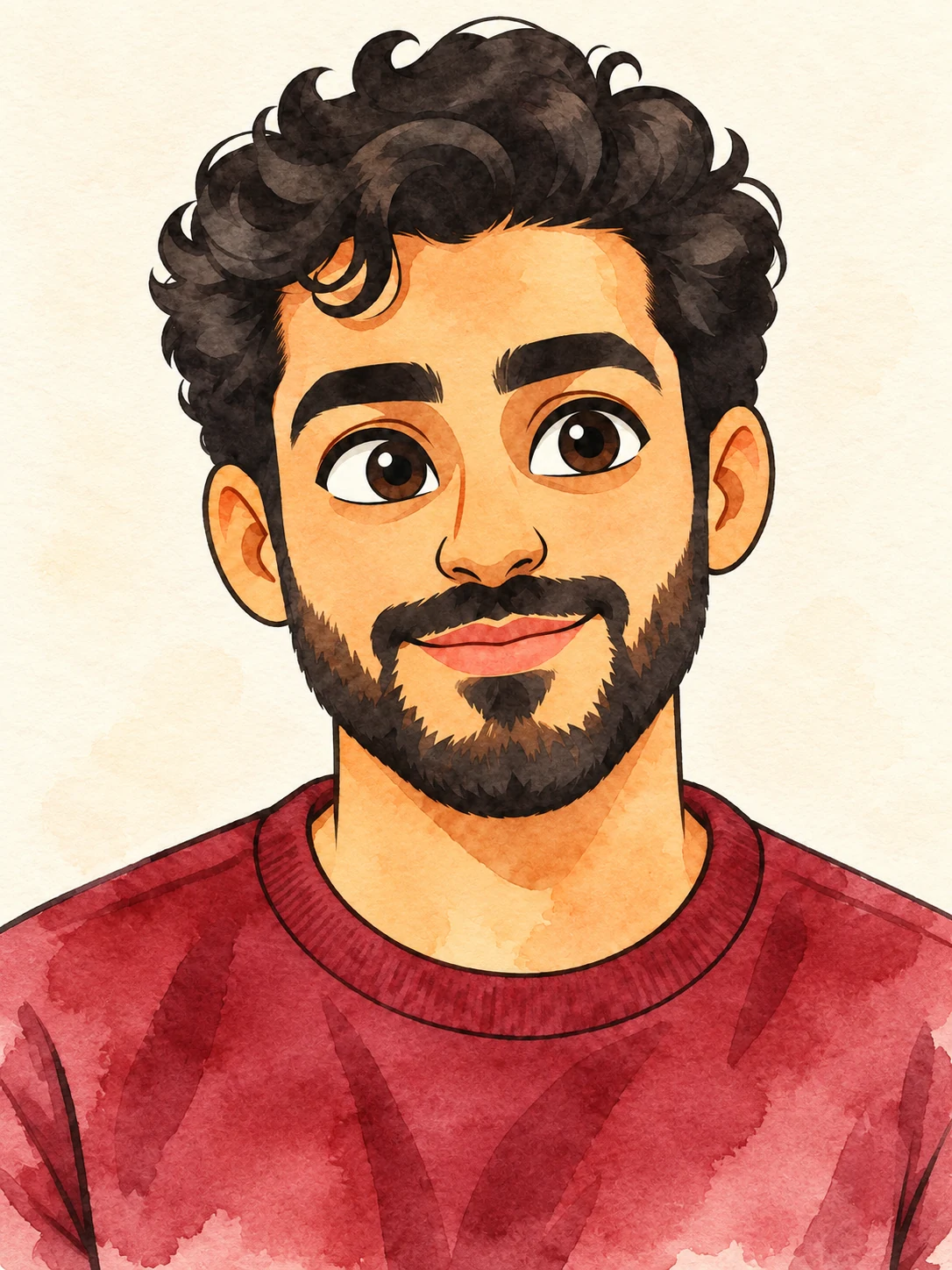 The same curly-haired cartoon man in burgundy rendered with loose watercolor color and texture