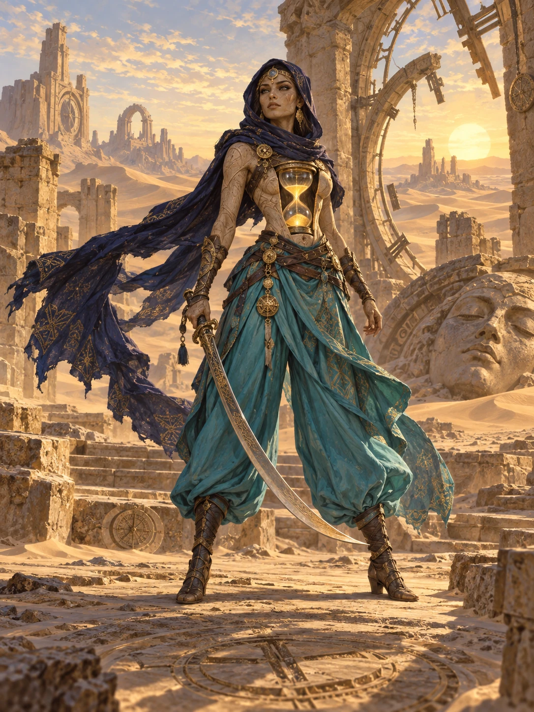 A desert swordmaster with an hourglass chest