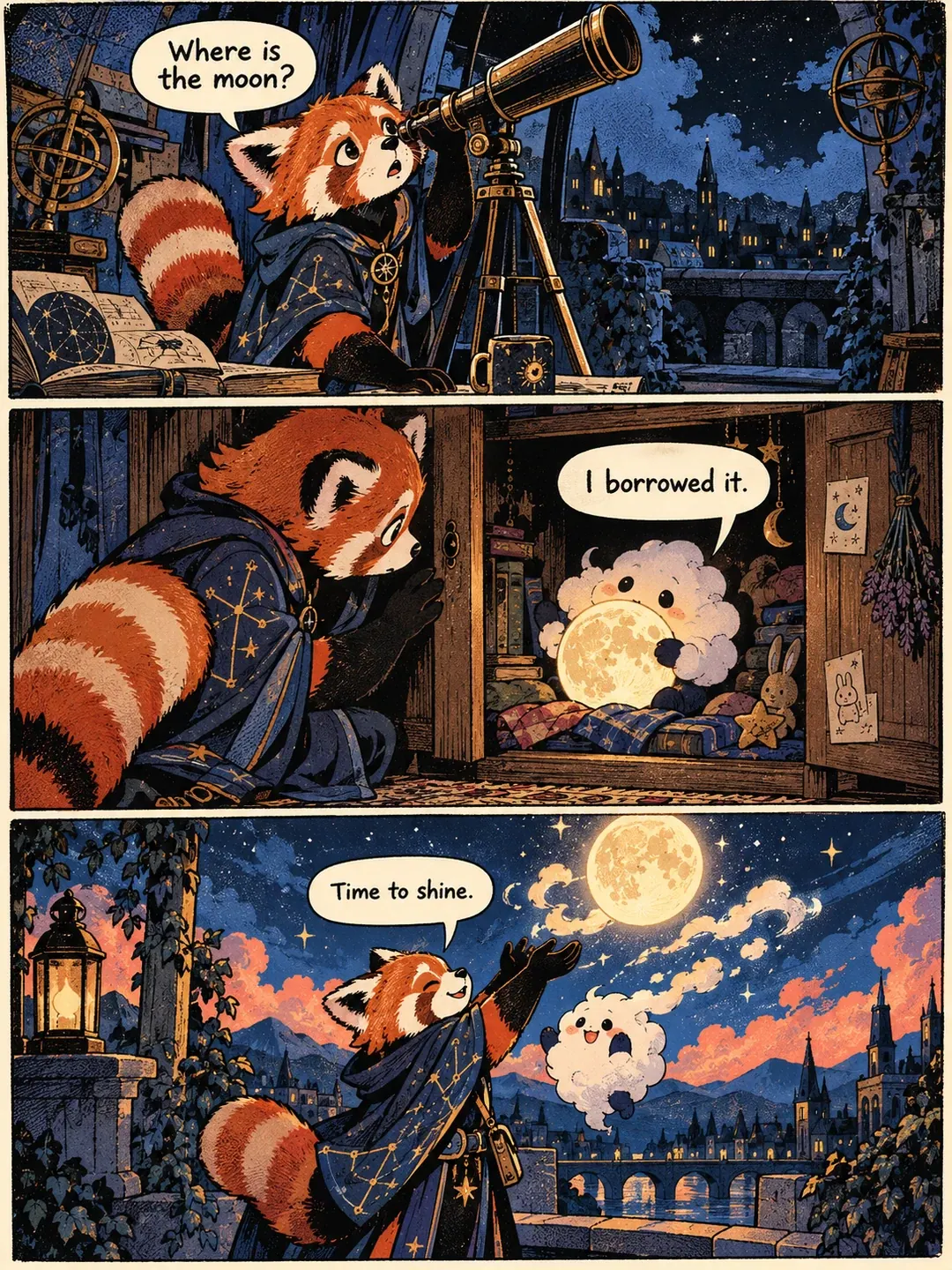 A complete three-panel comic about a red panda astronomer and a missing moon