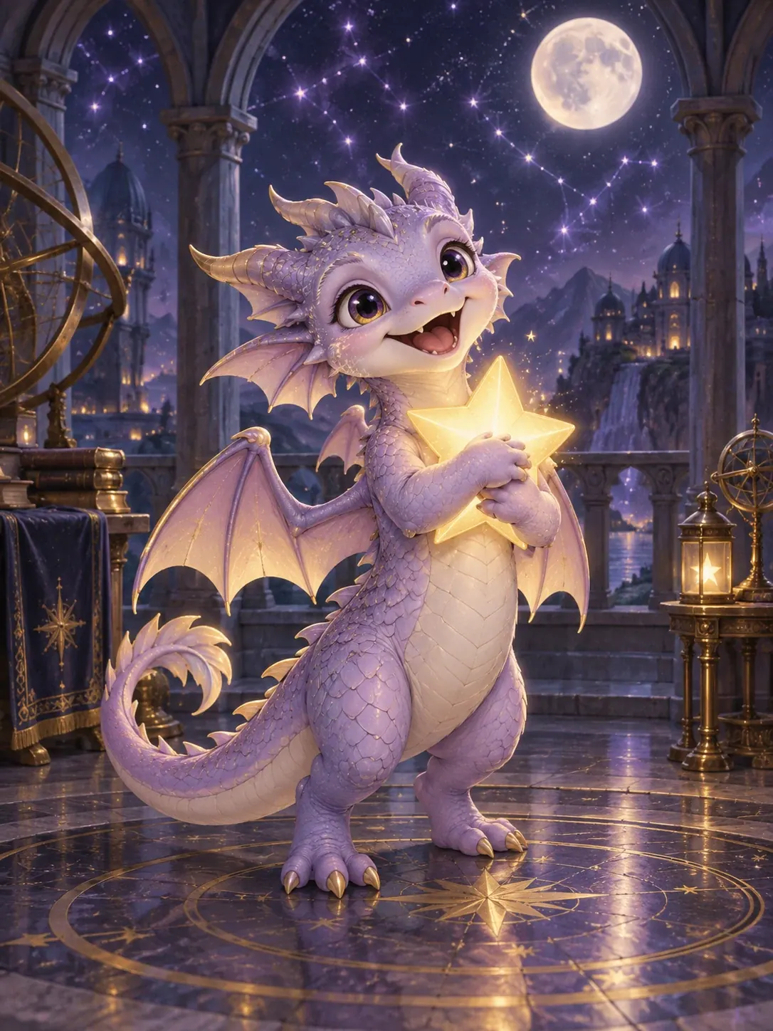 A joyful lavender dragon holding a golden star