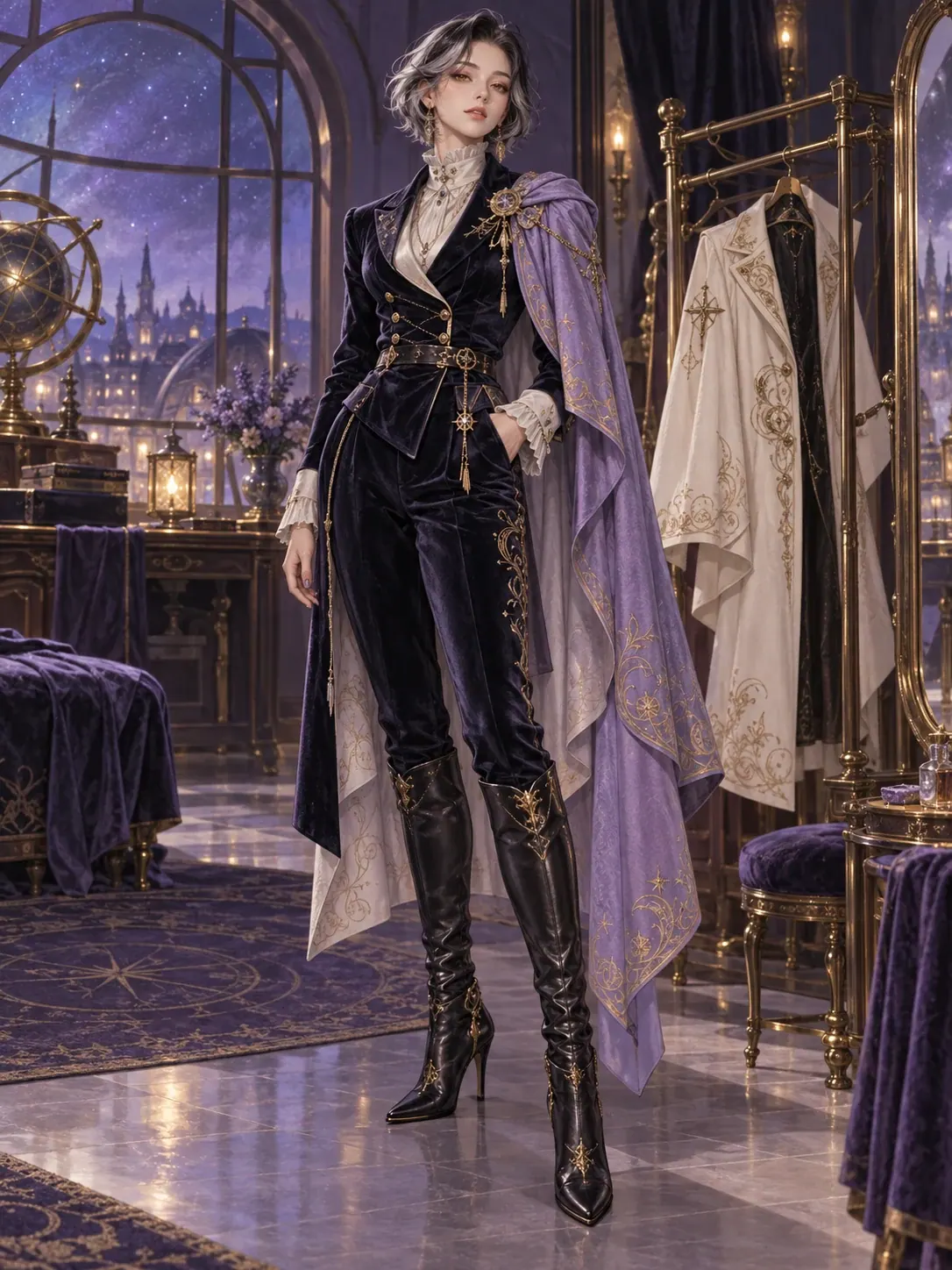 A tailored midnight velvet outfit with a lavender cape and ivory coat alternative