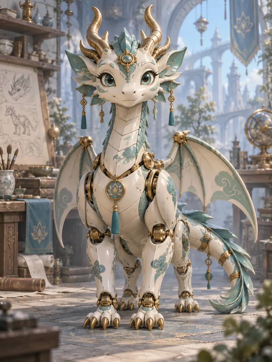 A complete front reference of a jade ceramic dragon automaton