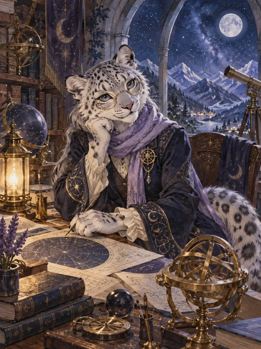 A watercolor snow leopard astronomer in a moonlit observatory