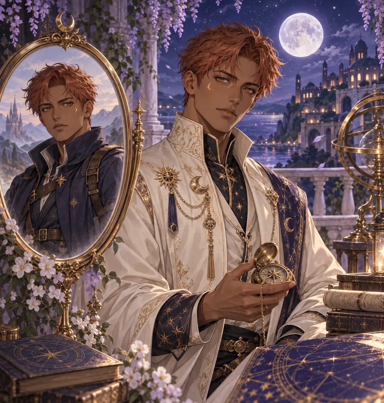 The same copper-haired character in original and ceremonial outfits
