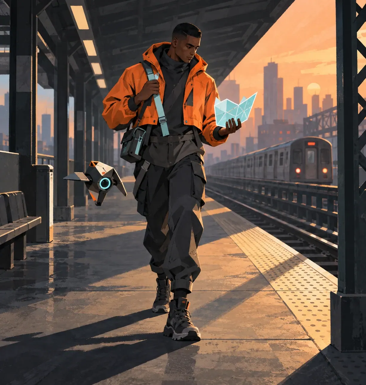 A street-tactical courier studies a glowing map beside a scouting drone on an elevated train platform