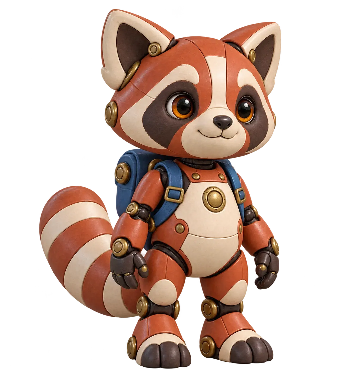 Three-quarter identity detail of the same robot red panda.