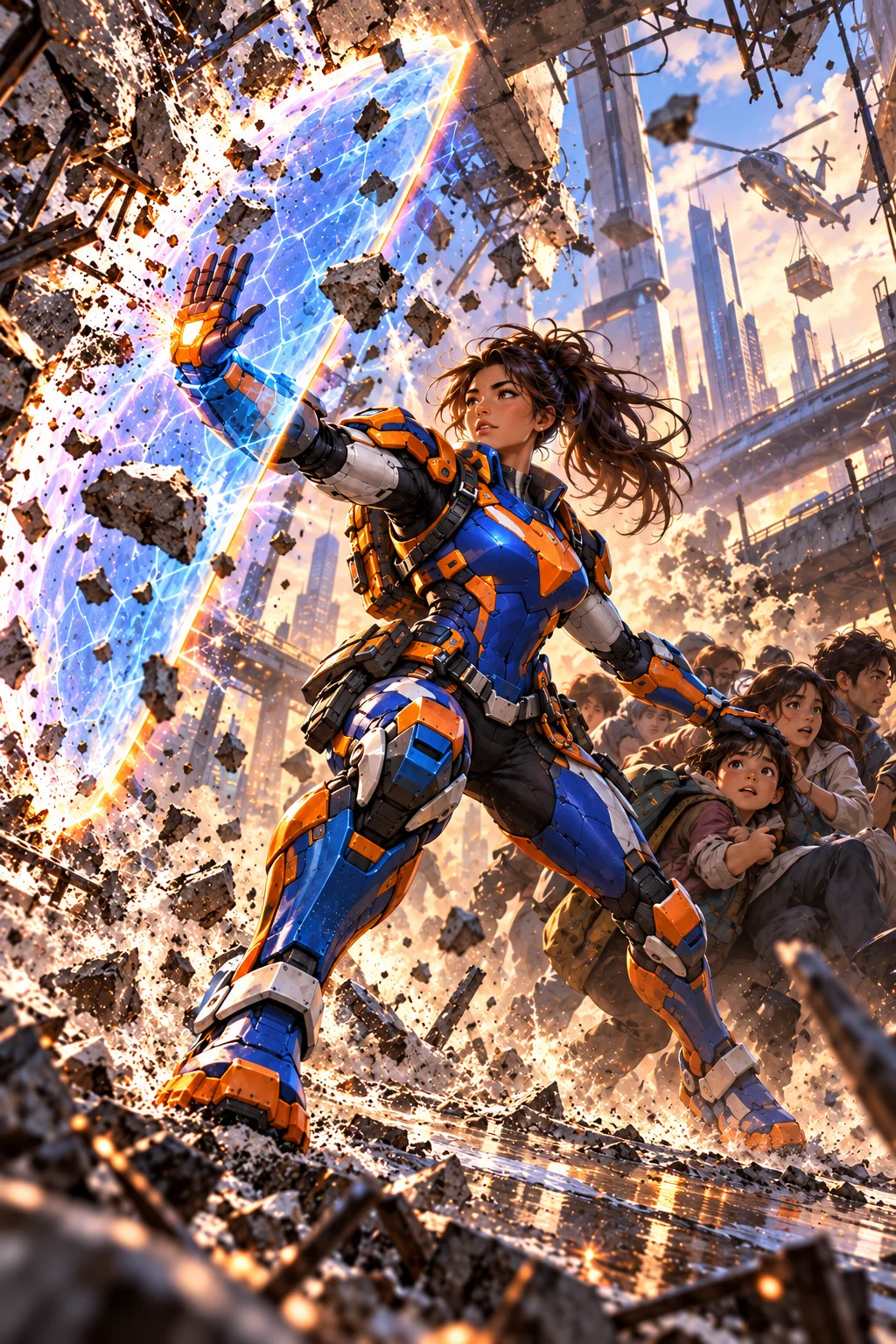 Prepared illustration: original blue and orange armored rescue hero protecting people in a city