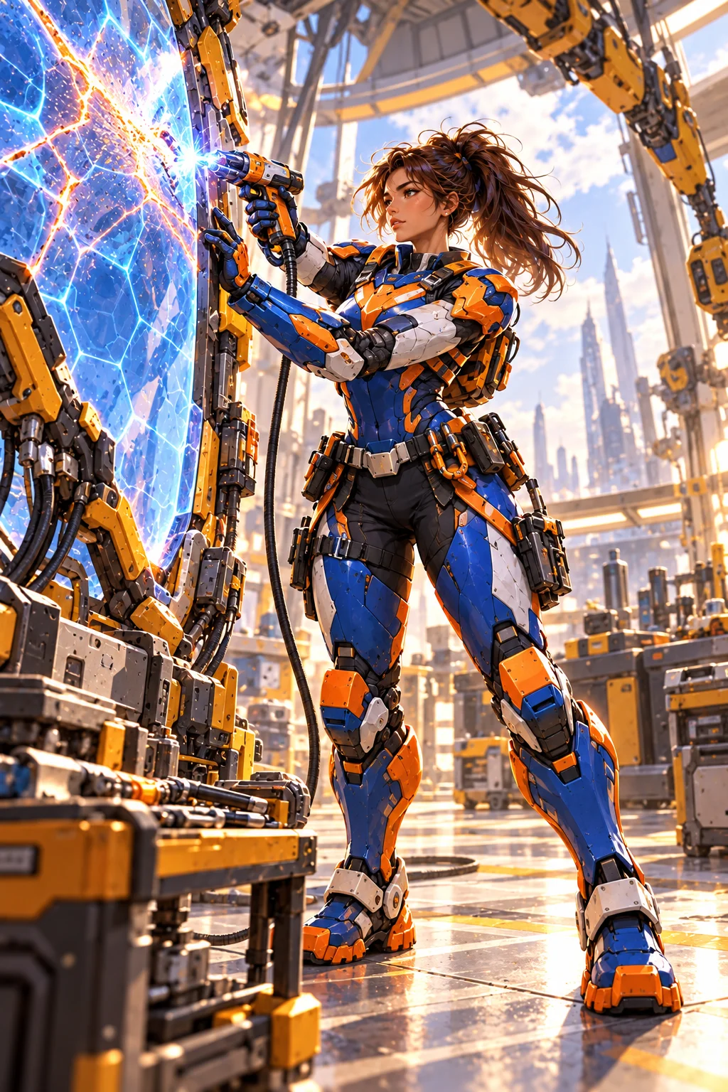 Prepared illustration: original blue and orange armored rescue hero repairing a shield