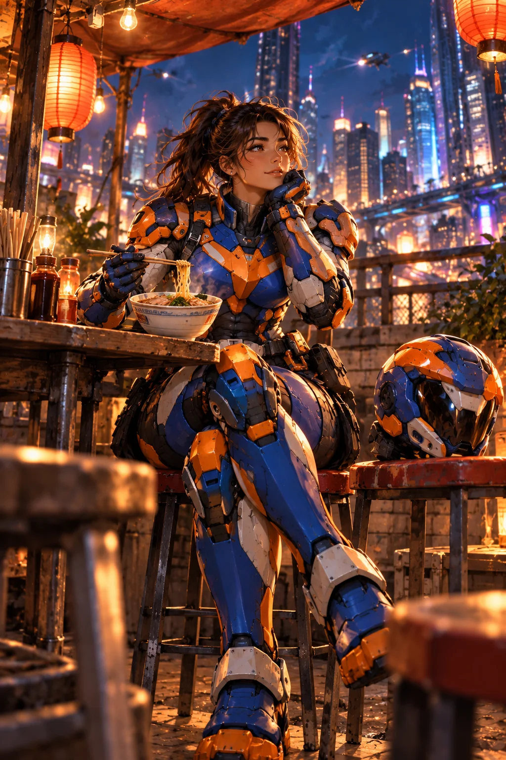 Prepared illustration: original blue and orange armored rescue hero resting after a mission