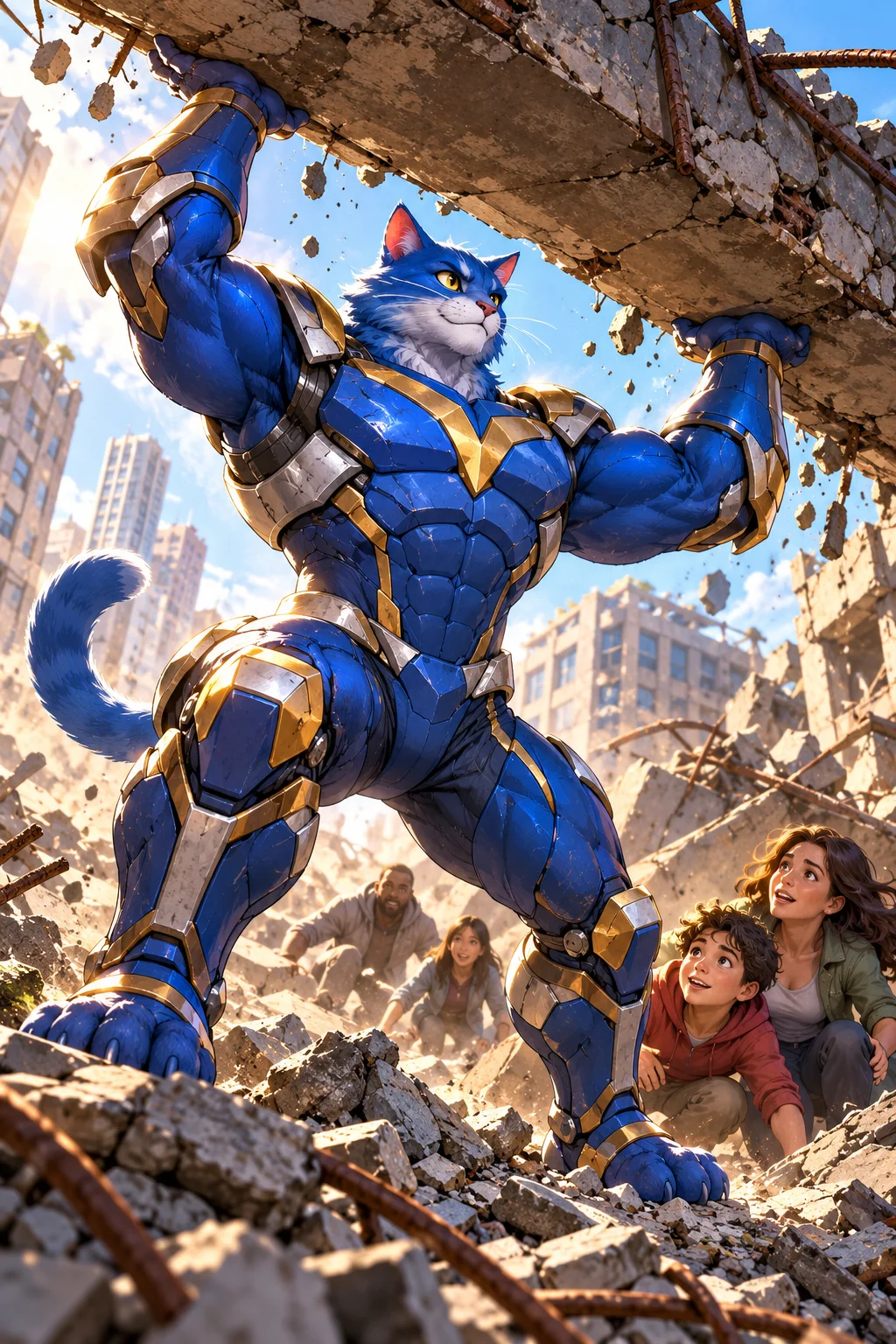 Prepared illustration: armored rescuer lifting a beam