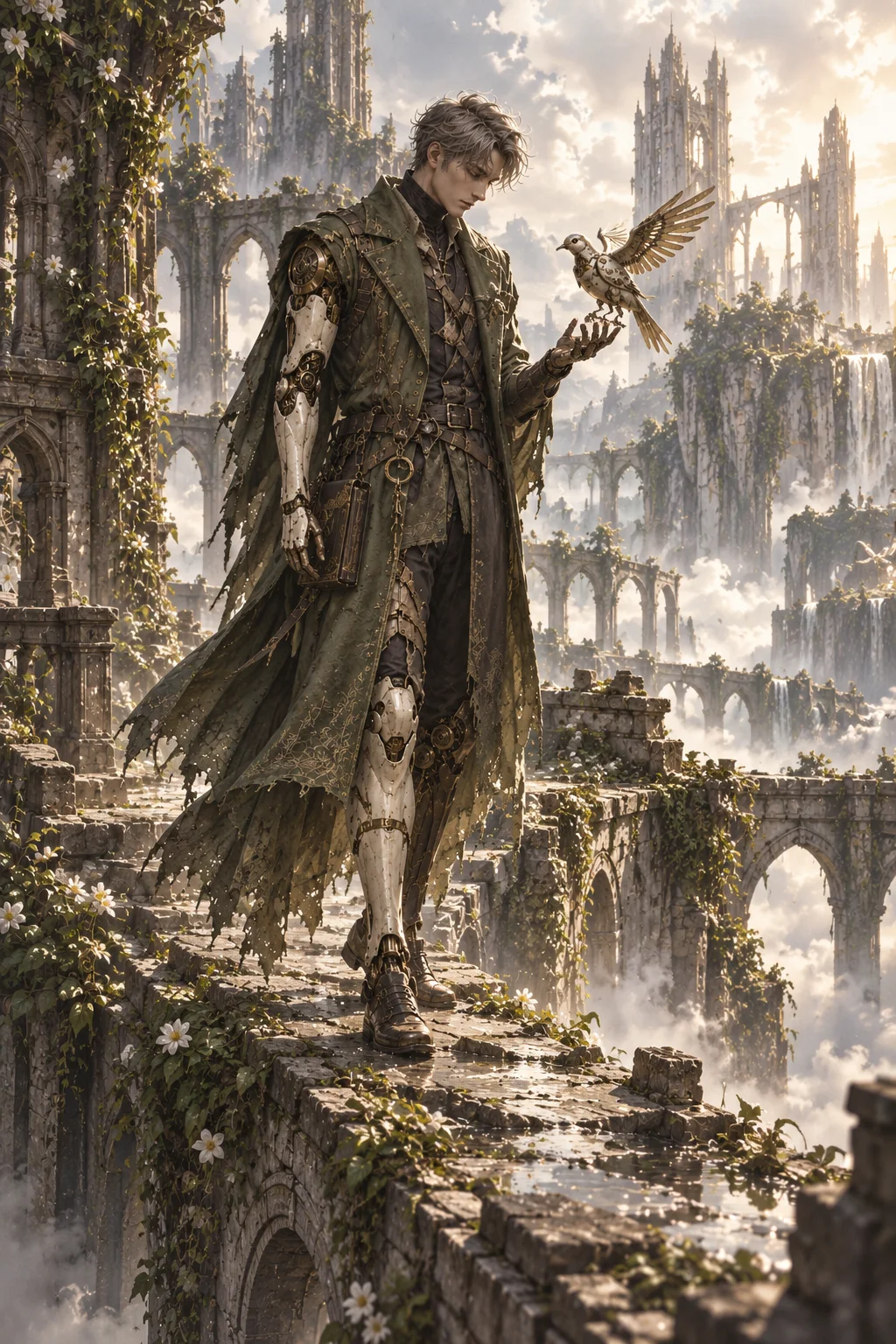 Prepared illustration: original silver-haired android archivist with mechanical arms and a weathered green coat crossing a ruined bridge
