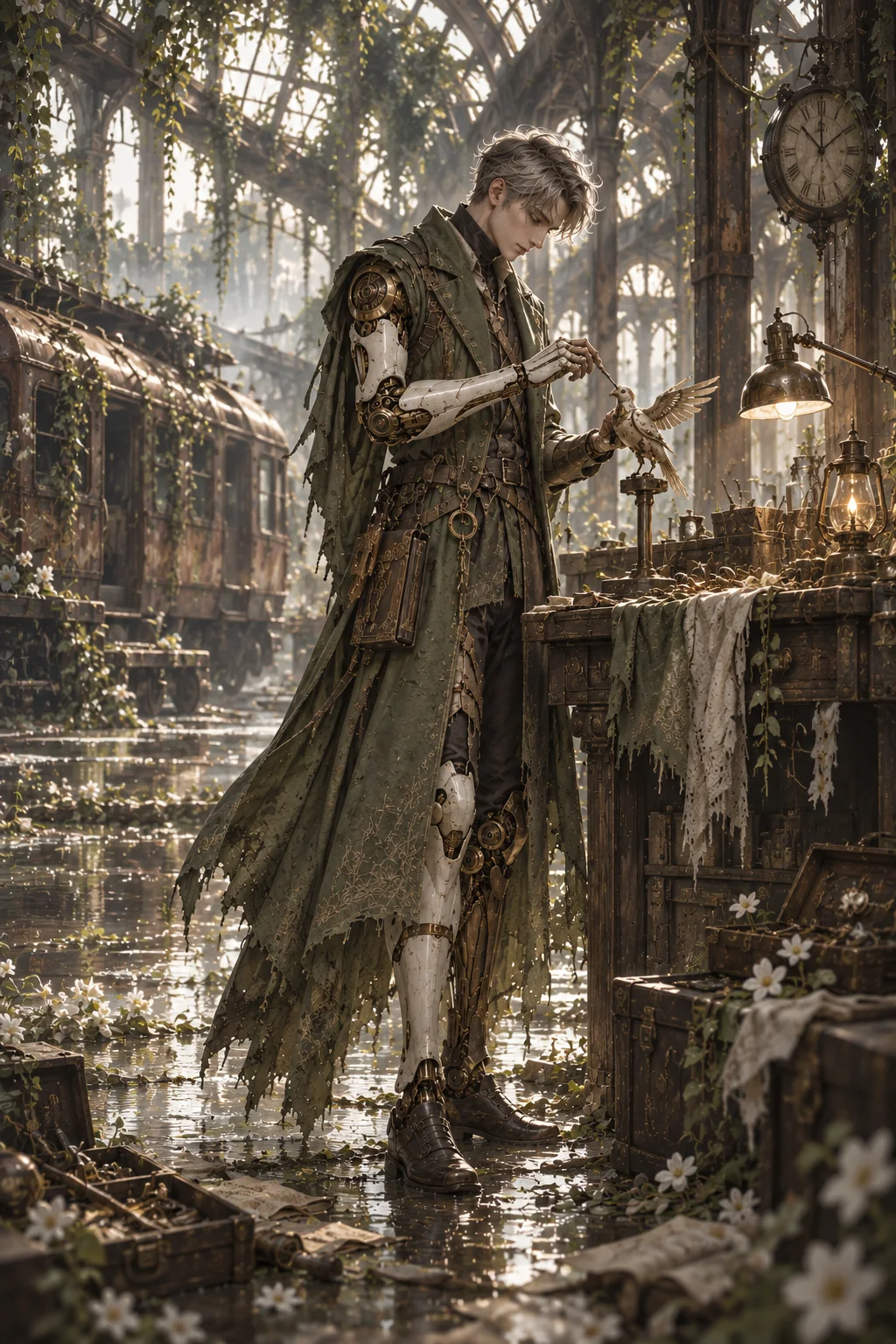 Prepared illustration: original silver-haired android archivist with mechanical arms and a weathered green coat repairing a mechanical bird