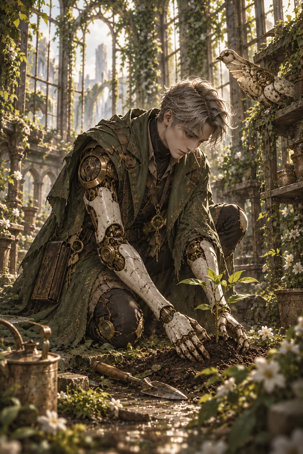 Prepared illustration: original silver-haired android archivist with mechanical arms and a weathered green coat tending seedlings