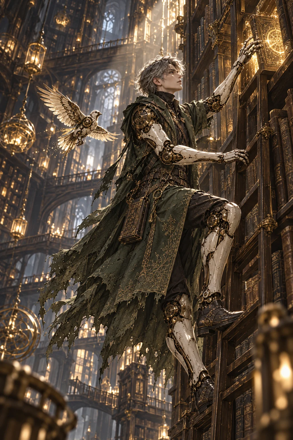 Prepared illustration: original silver-haired android archivist with mechanical arms and a weathered green coat exploring a lost archive
