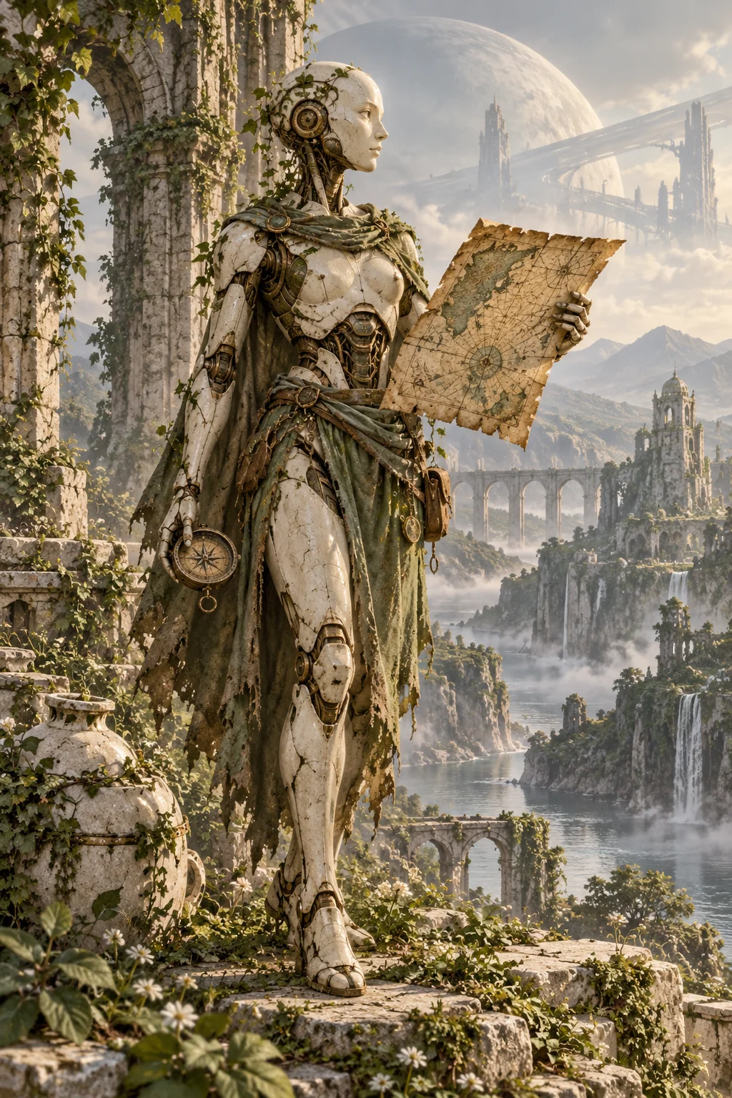 Prepared illustration: android with a map and compass