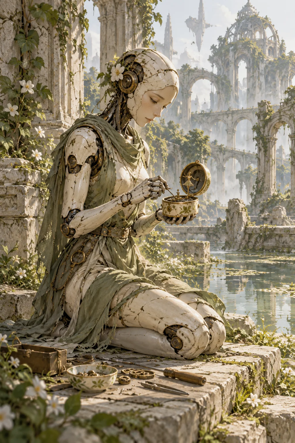 Prepared illustration: android repairing a music box
