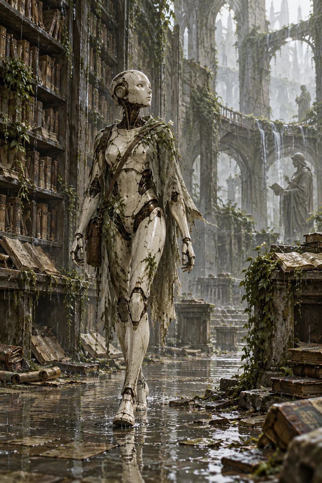 Prepared illustration: android walking in a ruined library