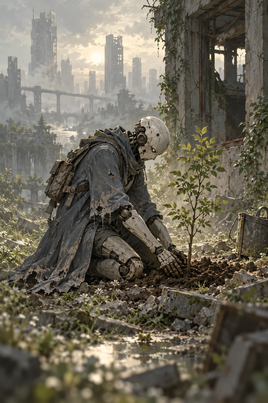 Prepared illustration: android tending a sapling