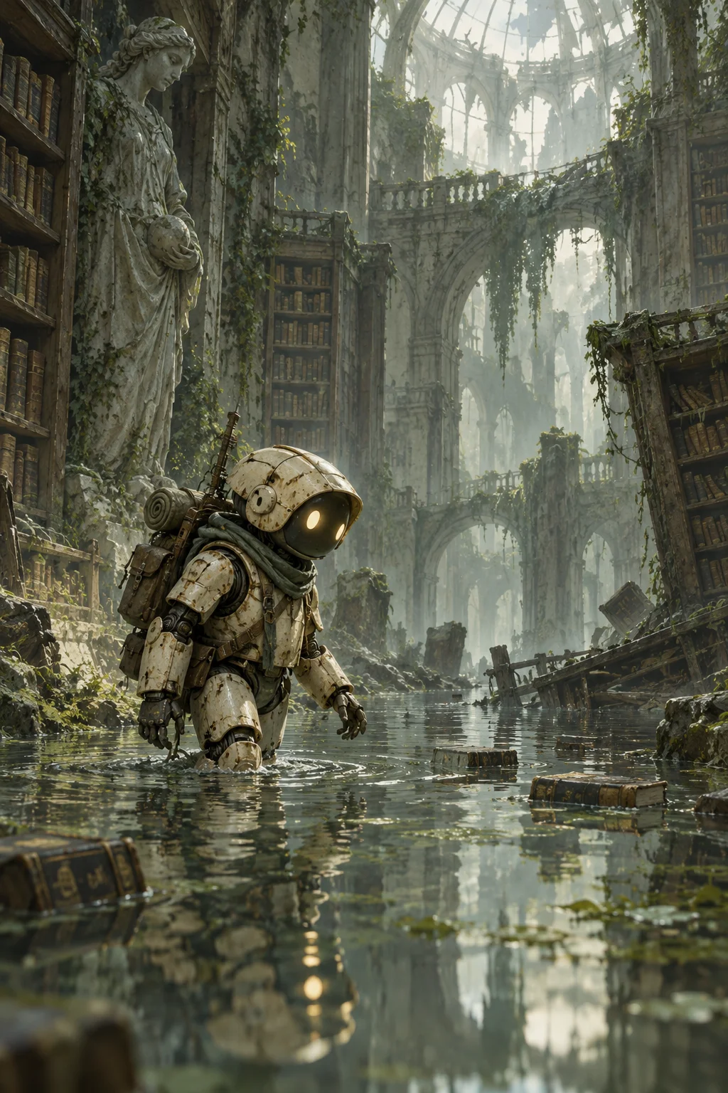 Prepared illustration: robot exploring a library